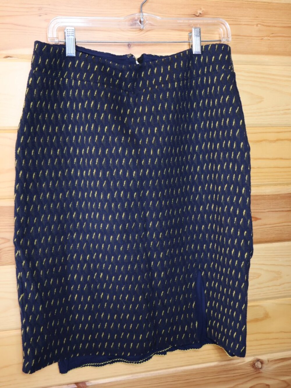 Anthropologie Maeve Hannon Pencil Skirt Womens 12 Navy Yellow Textured Side Slit - Picture 2 of 5